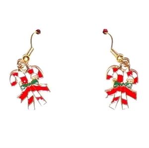 Holiday Christmas 2 Candy Canes Wrapped Ribbon Gold Plated Dangle Drop Earrings